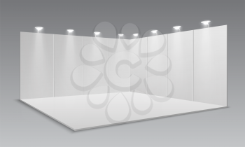 Blank display exhibition stand. White empty panels, promotional advertising stand. Presentation event room 3d template. Vector exhibition and framework, area floor with light lamp illustration
