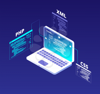 Coding concept. Website development and app software programming with laptop and virtual screens. Html5 and php code vector background. Illustration of programming code php, coding development
