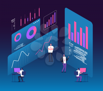 Investment strategy isometric concept. People with analytics data diagrams. Digital business technology marketing 3d vector design. Research data and infographic, financial diagram illustration