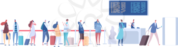 People in airport queue. Passengers baggage in line, check in registration in terminal. Airport arrival departure vector concept. Queue to check flight, people with luggage and baggage illustration