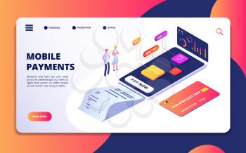 Online payment isometric concept. Banking shopping mobile phone app. Credit card protection, internet paying buying vector banner. Mobile phone app for payment, smartphone banking pay illustration