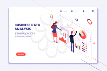 Data analysis. People work on business finance charts. Statistical surveillance. Big data isometric vector concept. Illustration of business data analysis 3d isometric