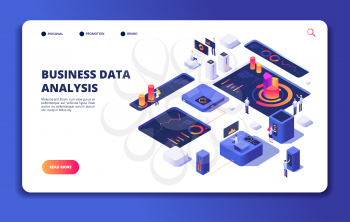 People work with dashboard. Modern statistics technology, designer interacts with financial process charts. Landing web vector page. Dashboard work interact with business data analysis illustration