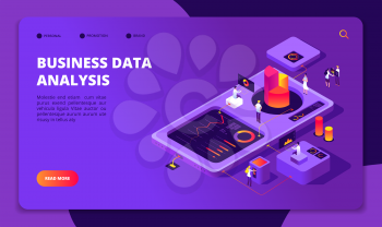 People work in team. Persons analyze financial charts in workplace. Achieve goal, modern business technology vector isometric concept. Illustration of business isometric analysis data