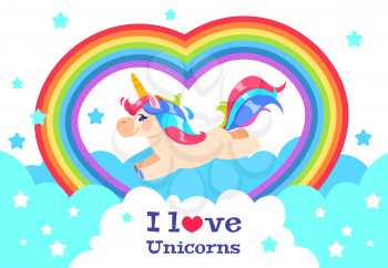 Cute rainbow unicorn. Cartoon funny baby rainbow pony. Girl inscription vector background. Illustration of unicorn with rainbow, magic lovely character horse