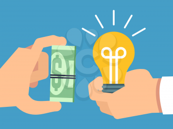 Selling ideas for money, creative thinking and money flat vector illustration. Business idea sell, light bulb project