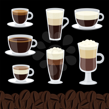 Cartoon cups set of coffee vector collection. Cup of coffee collection, cappuccino and mocha illustration