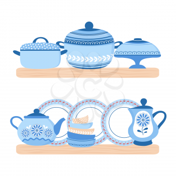 Crockery ceramic cookware. Blue porcelain bowls, plates, teapot and pand on the wood shelfs. Vector crockery ceramic, kitchen utensil and tableware illustration