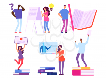International people, students get education from books and online courses vector illustration. Student education course, people online study