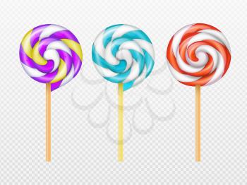 Realistic swirl lollipops vector isolated on white background. Illustration of lollipop and lolly caramel, yummy spirals swirl
