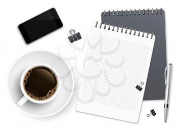 Top view business coffee break with notepad, phone and cup of coffee. Workspace vector background with coffee and phone, notebook and smartphone illustration