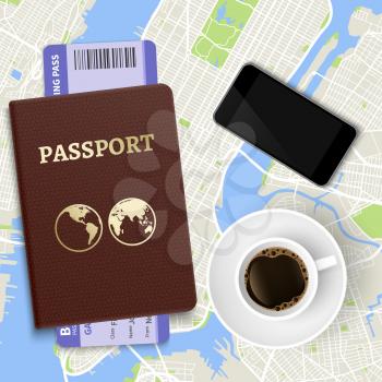 Travel vector concept. Top view coffee, map and passport with tickets. Illustration of vacation and travel, tourism and trip