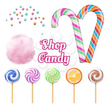 Vector realistic candies - cotton candie and lollipops isolated on white background. Spirals lollipop and cotton wool, colored striped twist illustration