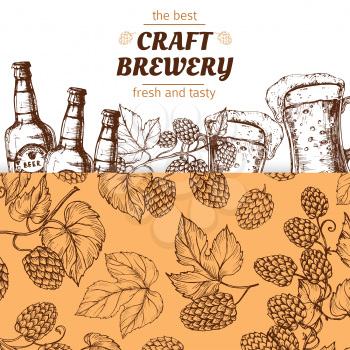Craft brewery banner template with hand drawn hops and beer. Illustration of brewery beer alcohol, poster oktoberfest vintage