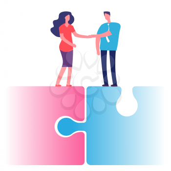 Female and male cooperation concept. Businessman and businesswoman shake hands vector illustration. Cooperation male and female in business partnership