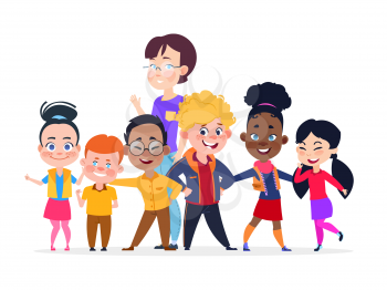 Happy international students group. Friendship vector concept. Student group teenager international and teacher woman illustration