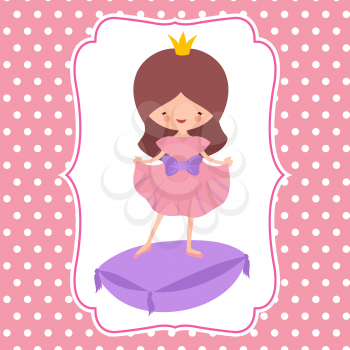 Little cartoon character sweet princess vector card template. Woman princess costume, avatar girl child with crown