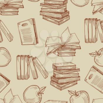 Sketch vintage books seamless pattern or background. Sketch education seamless book for school, literature and apple illustration