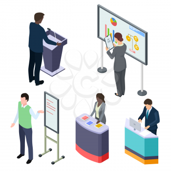 International isometric businesspeople or training lecturers or promoters vector. Illustration of promoter businessman, training and communication meeting