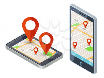 Isometric mobile city map app vector design. Illustration of navigation city map on smartphone