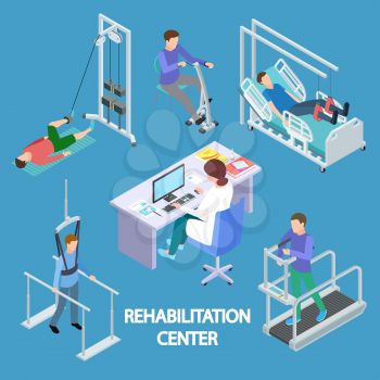 Isometric Physiotherapist and rehabilitation patients vector illustration. Recovery exercise fitness for physiotherapy