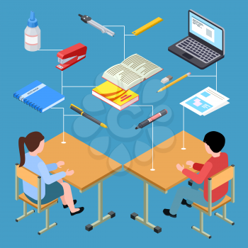Workplace of modern students isometric vector design. Illustration of workplace student 3d, isometric education and studying