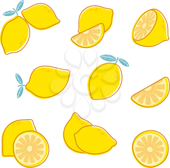Cut lemon. Fresh citrus fruit. Lemon slice and leaves. Vector collection isolated on white background. Fruit citrus fresh, food ingredient illustration