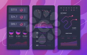 Fitness app ui. Phone dashboards with charts, diagrams and navigation map. Smartphone application screens vector design. Sport run navigation smartphone, user interface dashboard calendar illustration