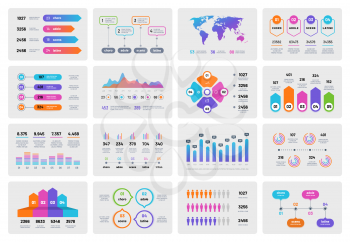 Business presentation charts. Financial report with graphs diagrams, marketing flowcharts progress bar. Vector infographics template. Illustration of infographic business, diagram and map world