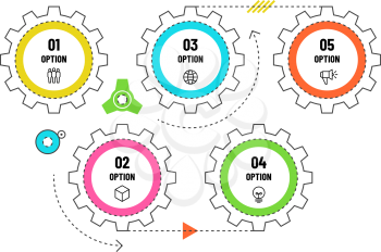 Gears infographic. Engineering timeline concept with 5 options. Workflow diagram, process flowchart vector infographics template. Process step business infographic and workflow diagram illustration