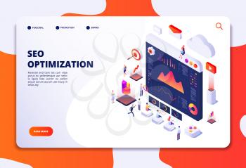 Seo optimization. Ecommerce, internet marketing and online platform isometric 3d concept. Landing web page vector template. Seo optimization and marketing online isometric illustration