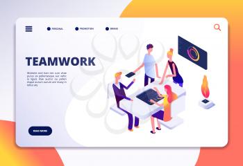 Workspace isometric landing page. People team work in office. Partnership, business process persons working together vector concept. Illustration of teamwork and team working 3d