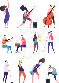 People playing music. Musicians performing rock music singers with microphone guitarist and drummer. Music band flat vector characters. Illustration of band guitarist and singer with microphone