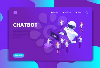 Chatbot isometric concept. Bot chatting with people. Artificial intelligence conversation future technology vector landing page. Development robot for support, virtual ai isometry illustration