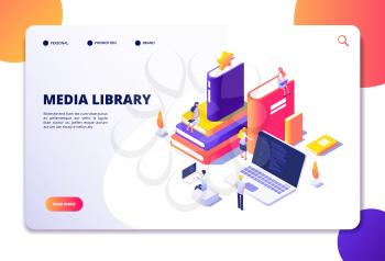 Online library isometric concept. People in bibliotheque, books laptops. Reading technology electronic library vector landing page. Library media isometric, book online illustration