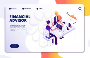 Financial advisor isometric concept. Business data analysis with professional team. Money investment management vector landing page. Illustration of business financial report, consultant finance
