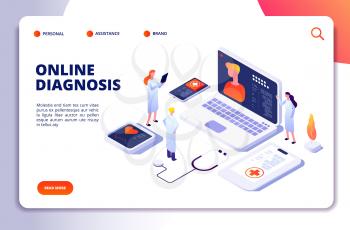 Medical isometric concept. Diagnosis with online patient and doctor, tele medicine exam. Healthcare vector landing page. Illustration of medical diagnosis online, medicine doctor service
