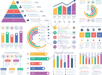 Analytics infographics elements. Data graphic, marketing chart diagram. Budget flat histogram. Statistic infographics elements. Illustration of visualization diagram, infographic statistic flowchart