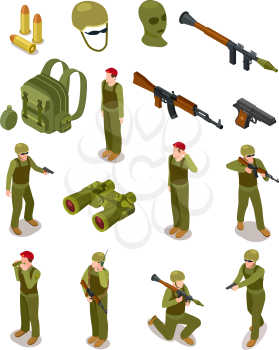 Isometric soldiers. Military special forces, warriors in army uniform, ammunition and weapons. 3d isolated vector set. Illustration of military isometric soldier and weapon