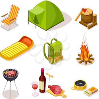 Isometric camping. Summer picnic with fireplace, tourism equipment and tent surrounded by forest trees. 3d vector isometric set. Illustration of 3d fire and equipment, fireplace in travel tourism