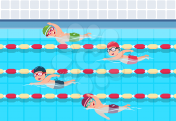 Kids swim. Childrens swimming competition in pool. Sports athletics children vector illustration. Activity sport for child in pool