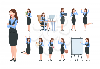 Businesswoman characters. Office professional woman, female in different poses of business activity. Flat cartoon manager vector set. Illustration of woman office, character manager jump and work