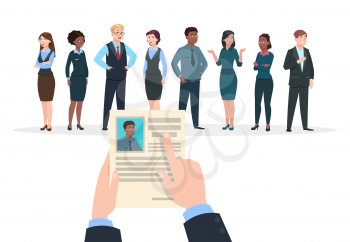Recruitment concept. Business people candidates interview. Businessman holds cv resume. Employment and career vector background. Candidate to work, recruitment employment people illustration