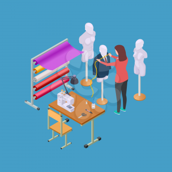Sewing workshop, atelier and seamstress or designer isometric vector illustration. Sewing atelier, dummy mannequin, dressmaker and tailor