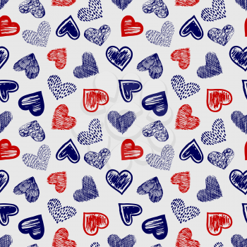 Doodle ballpoint pen drawing colored hearts seamless pattern vector illustration