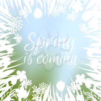 Spring flowers silhouettes frame, banner vector spring is coming background illustration