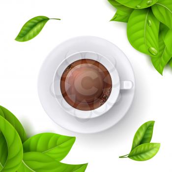 Tea time background template with realistic vector green leaves and top view cup of tea. Drink in mug, hot tea of cup illustration