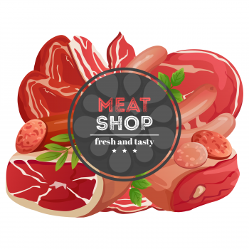 Meat shop emblem design with different meat products vector illustration isolated on white background