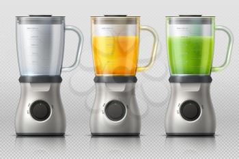 Juicer. Kitchen blender with orange and apple juice, drink mixer realistic vector isolated. Illustration of blender juicer, drink juice