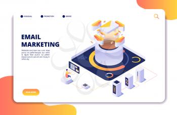 Email marketing. Mail automation strategy. Email outbound newsletter campaign, mailing spammer services isometric vector landing page. Automation digital service mailing illustration